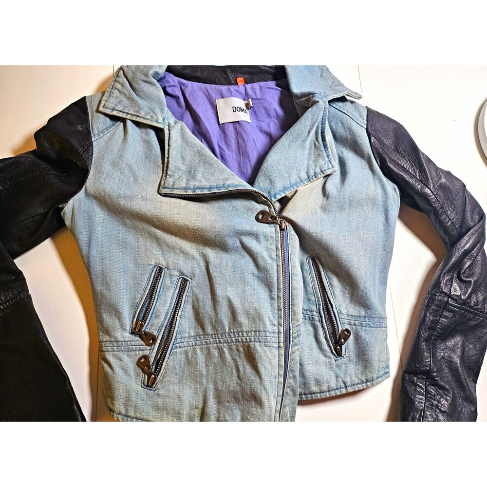 DOMA Women's Biker Jacket Denim W/ Leather Sleeves Zipper Accents Pockets M
